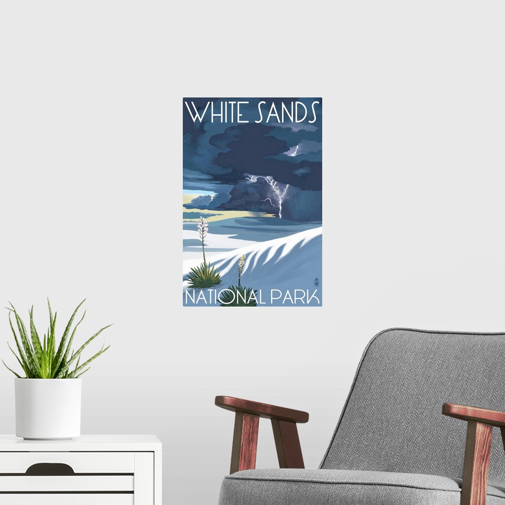 A modern room featuring Lightning At White Sands National Park: Retro Travel Poster
