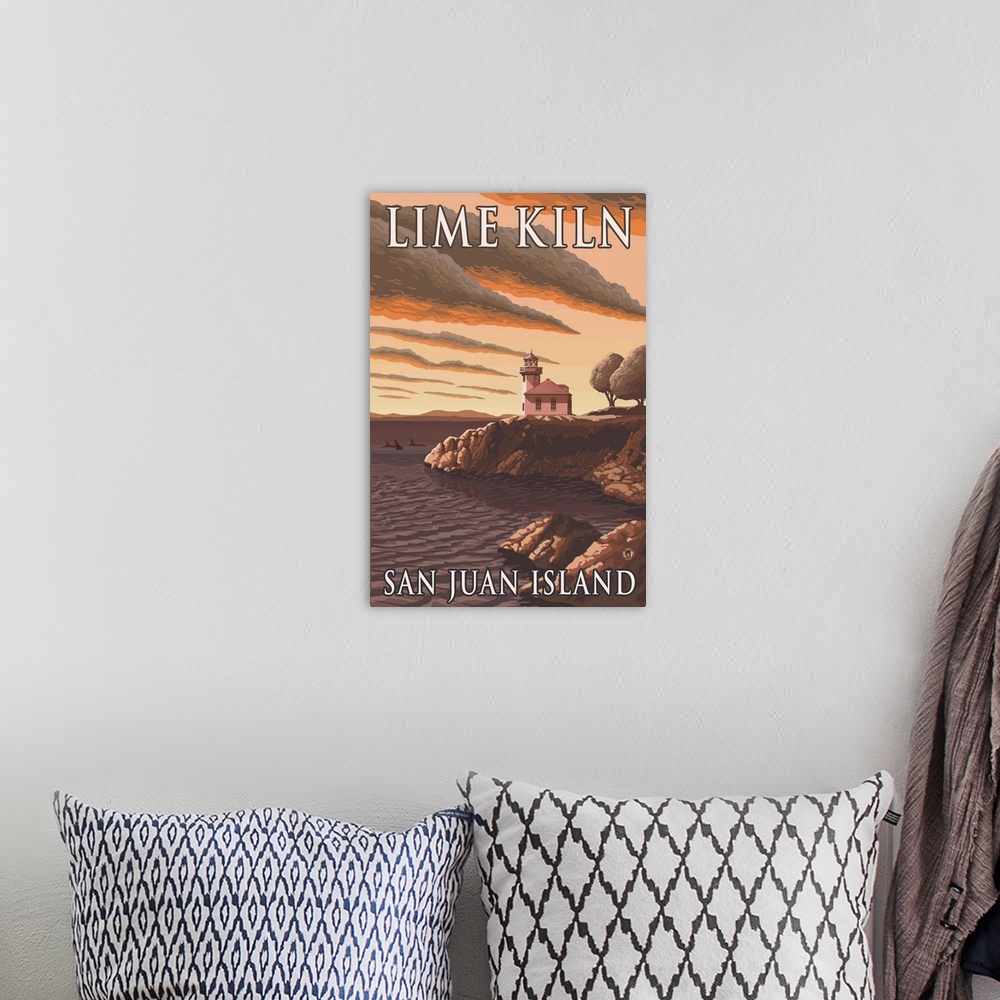 A bohemian room featuring Lime Kiln Lighthouse - San Juan Island: Retro Travel Poster