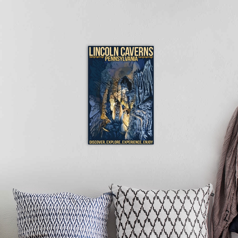A bohemian room featuring Lincoln Caverns - Huntingdon, Pennsylvania - Blue Version: Retro Travel Poster