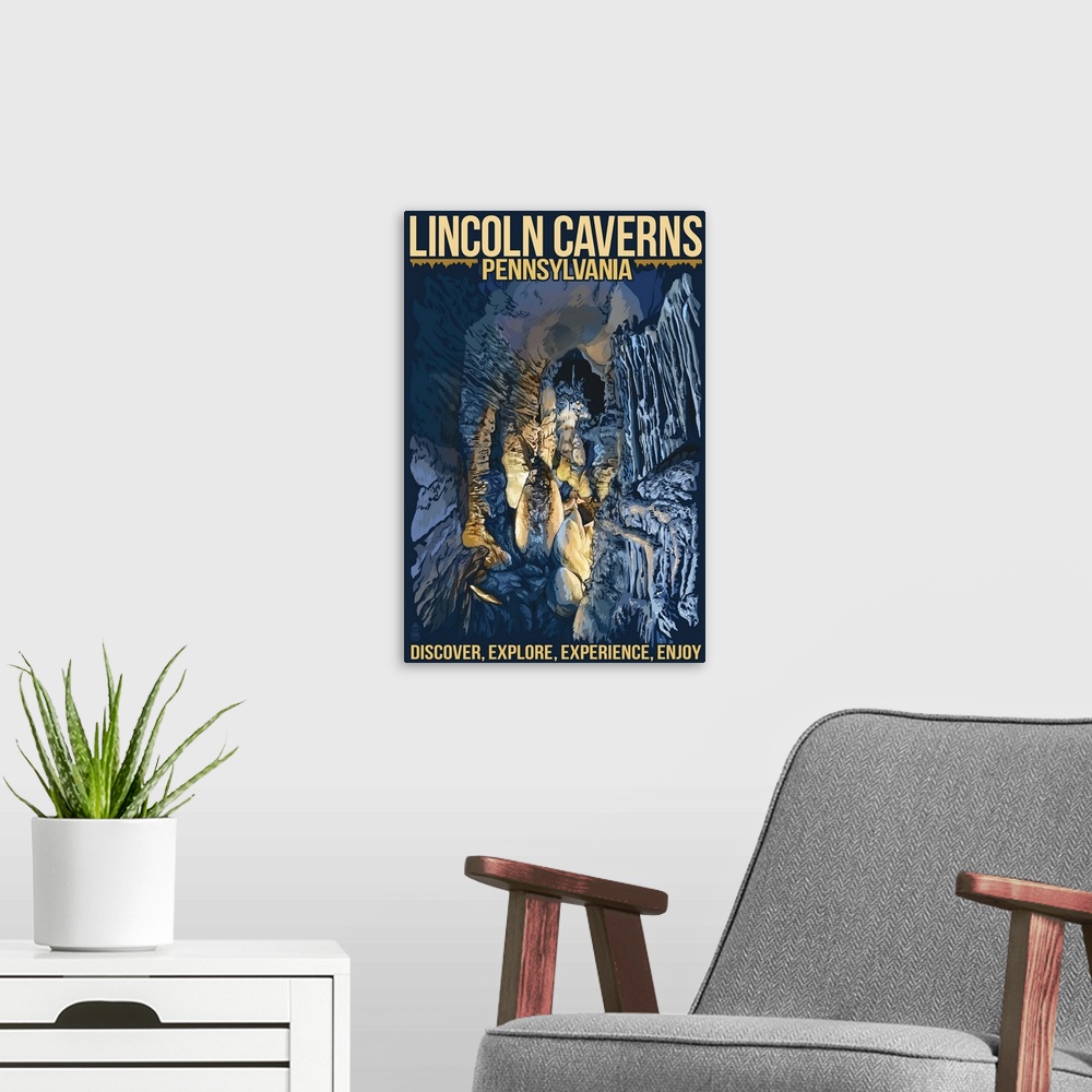 A modern room featuring Lincoln Caverns - Huntingdon, Pennsylvania - Blue Version: Retro Travel Poster