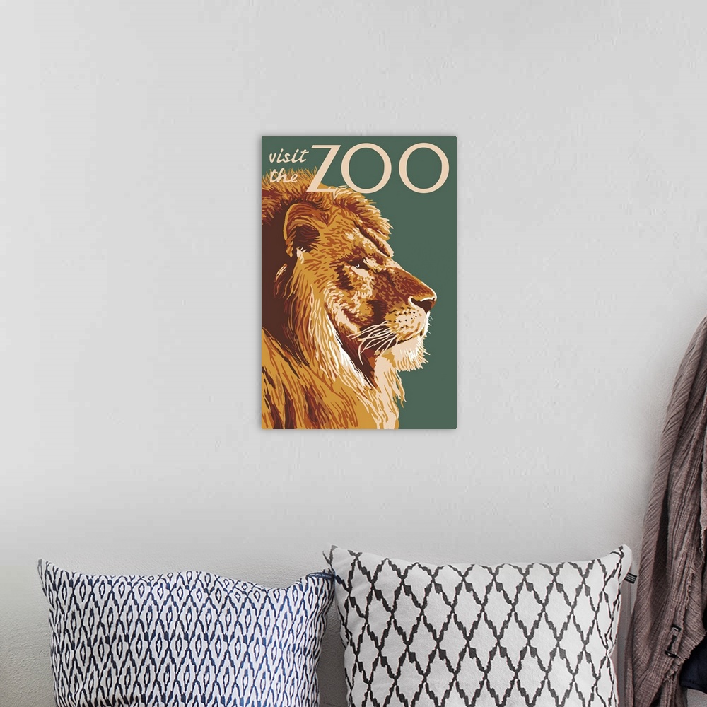 A bohemian room featuring Lion Up Close - Visit the Zoo: Retro Travel Poster