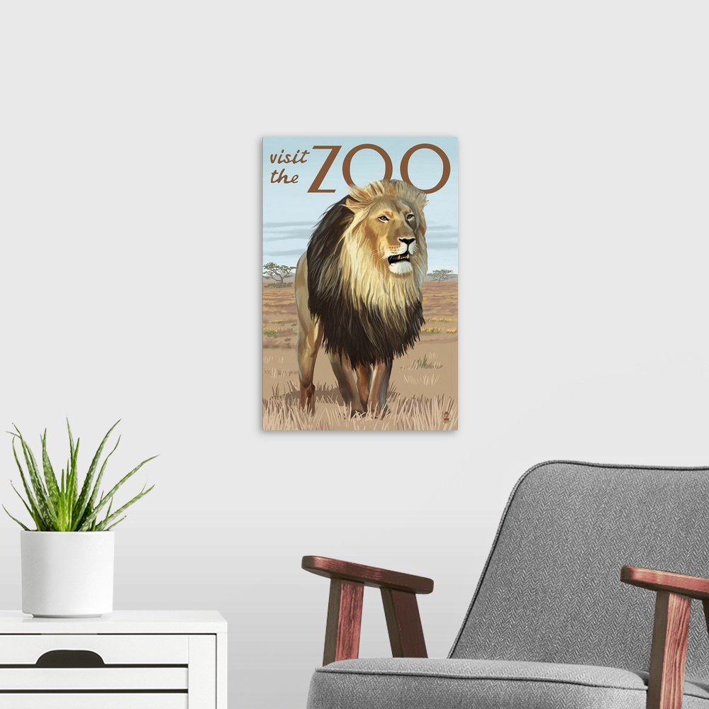 A modern room featuring Lion - Visit the Zoo: Retro Travel Poster