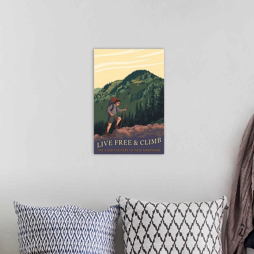 A bohemian room featuring Live Free and Climb, New Hampshire - Hiker Scene: Retro Travel Poster