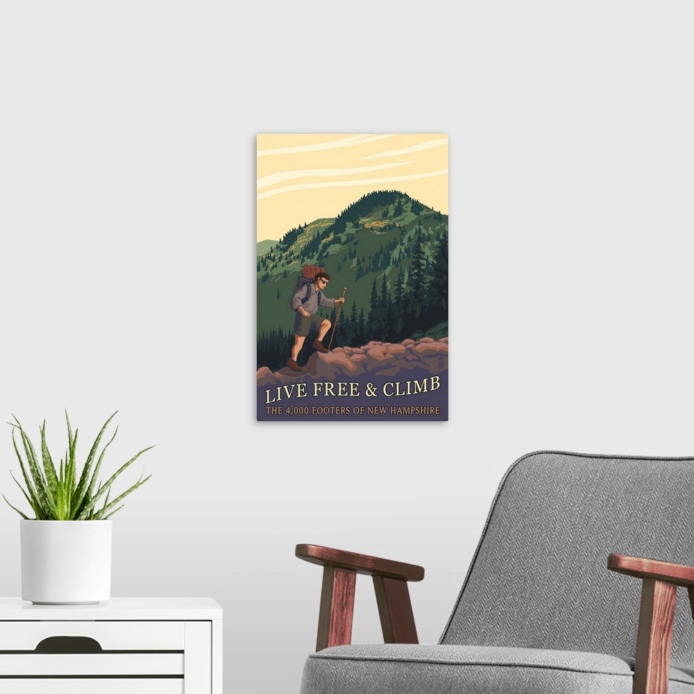 A modern room featuring Live Free and Climb, New Hampshire - Hiker Scene: Retro Travel Poster