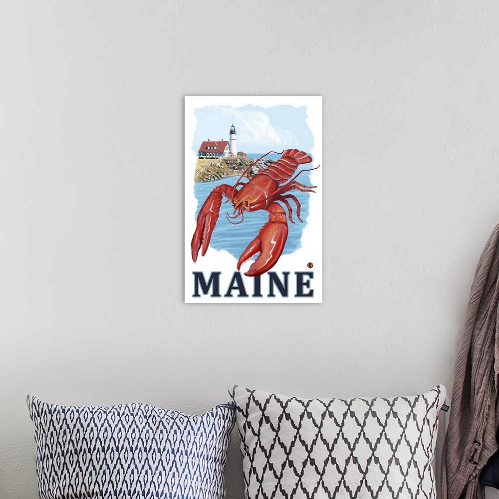 A bohemian room featuring Lobster and Portland Lighthouse - Maine: Retro Travel Poster