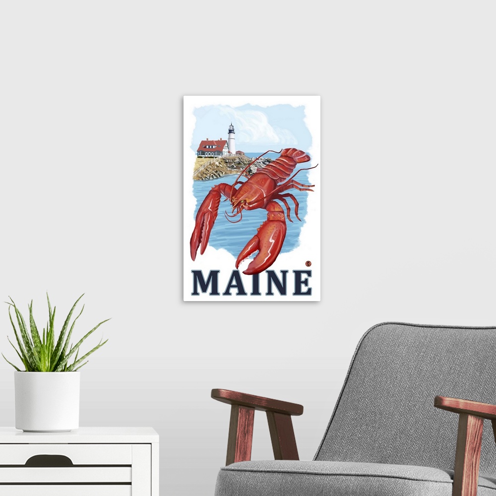 A modern room featuring Lobster and Portland Lighthouse - Maine: Retro Travel Poster