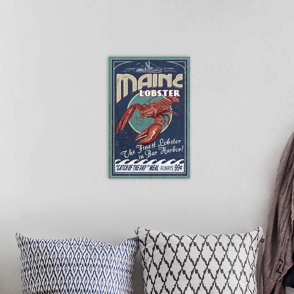 A bohemian room featuring Lobster Vintage Sign - Bar Harbor, Maine: Retro Travel Poster
