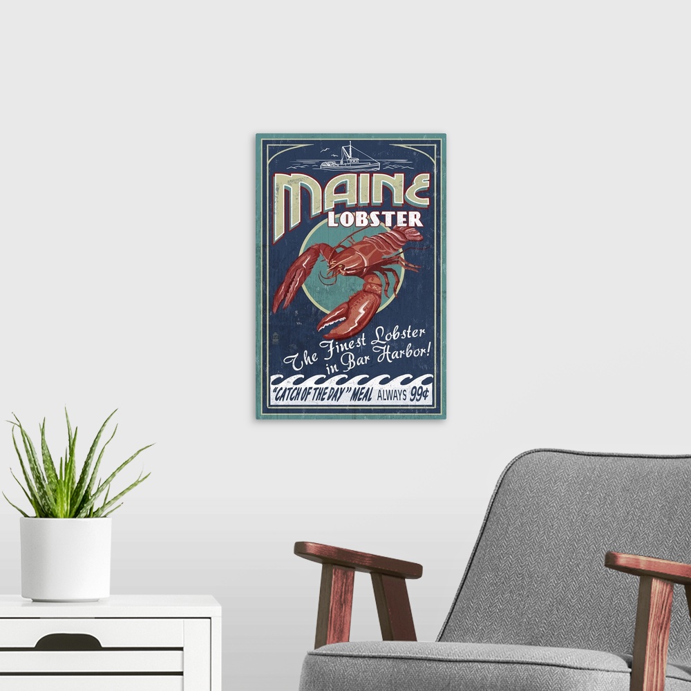 A modern room featuring Lobster Vintage Sign - Bar Harbor, Maine: Retro Travel Poster