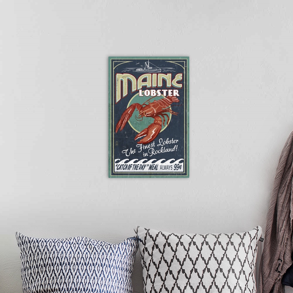 A bohemian room featuring Lobster Vintage Sign - Rockland, Maine: Retro Travel Poster
