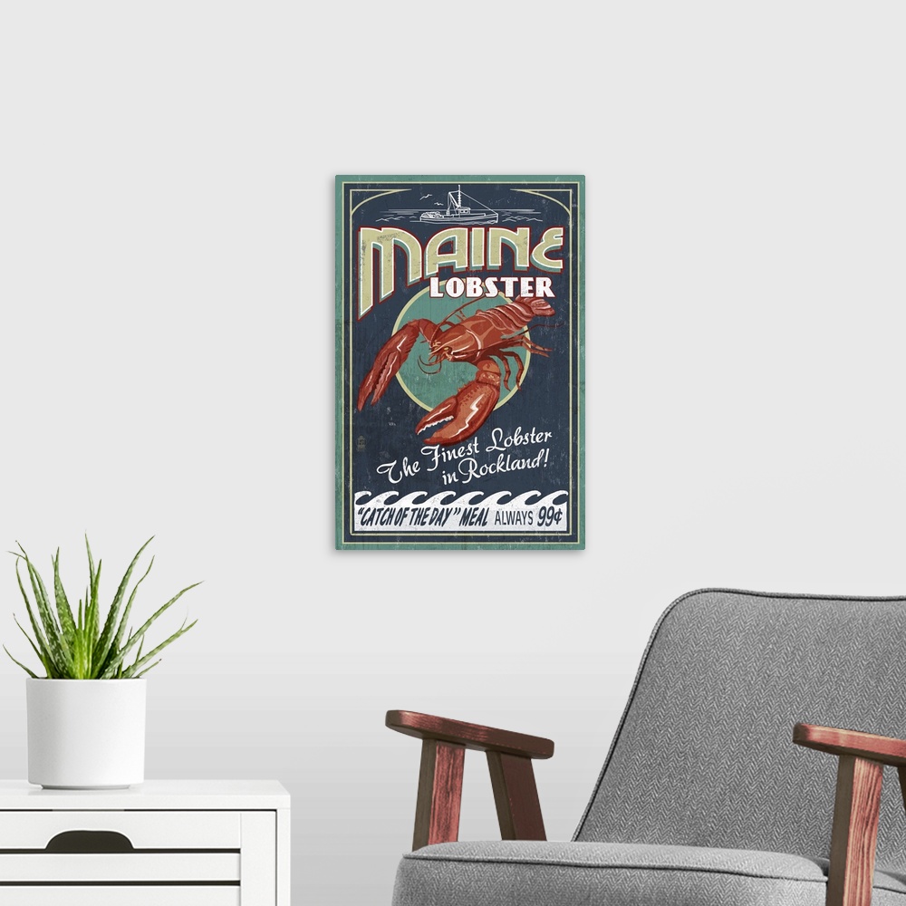 A modern room featuring Lobster Vintage Sign - Rockland, Maine: Retro Travel Poster