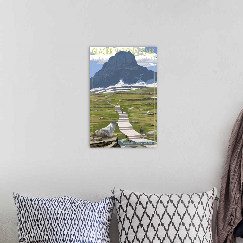 A bohemian room featuring Retro stylized art poster of a long path though a lush green field, leading to a glacier and moun...