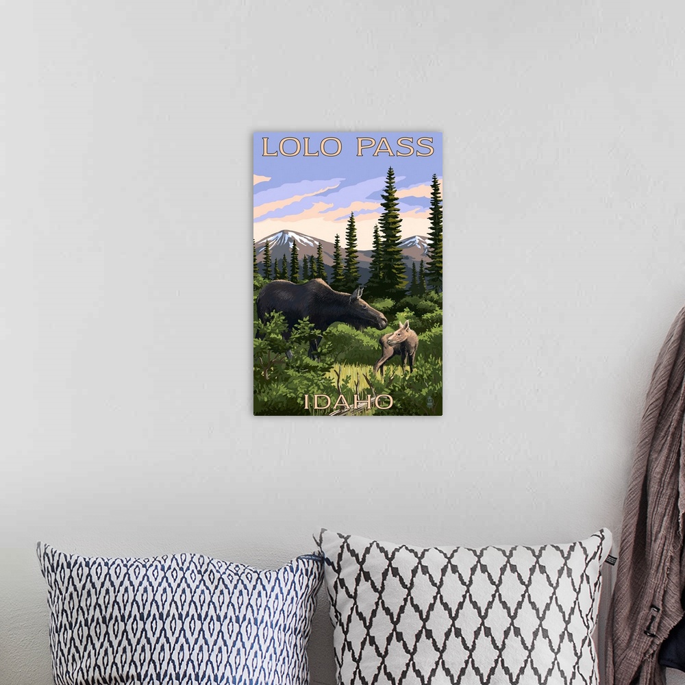A bohemian room featuring Lolo Pass, Idaho - Moose and Calf: Retro Travel Poster