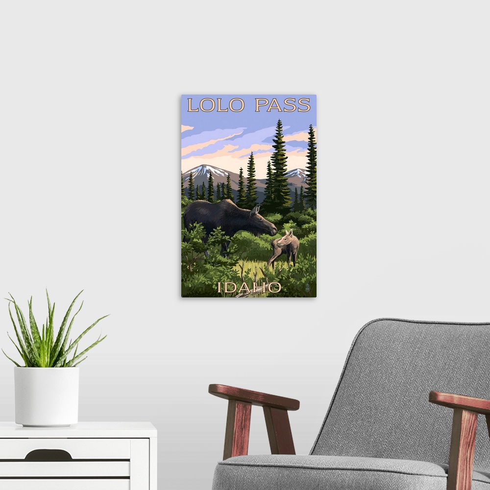 A modern room featuring Lolo Pass, Idaho - Moose and Calf: Retro Travel Poster