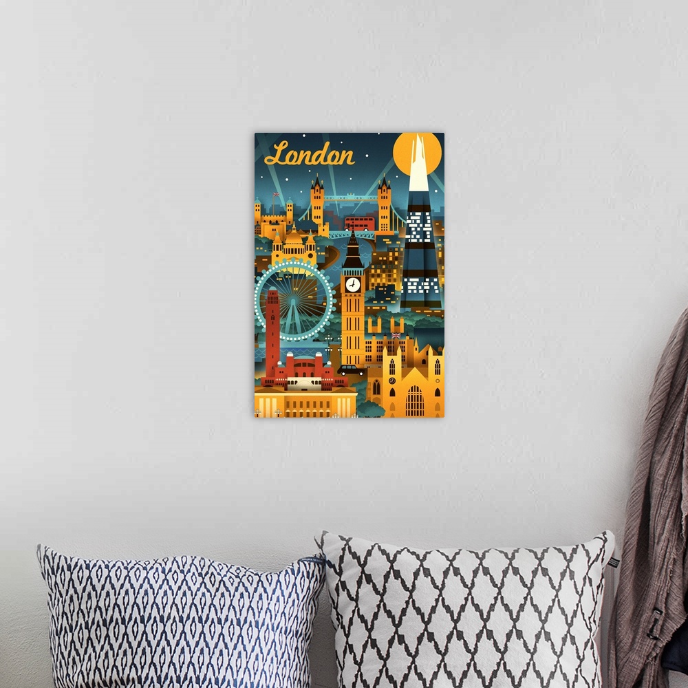 A bohemian room featuring London, England, Retro Skyline