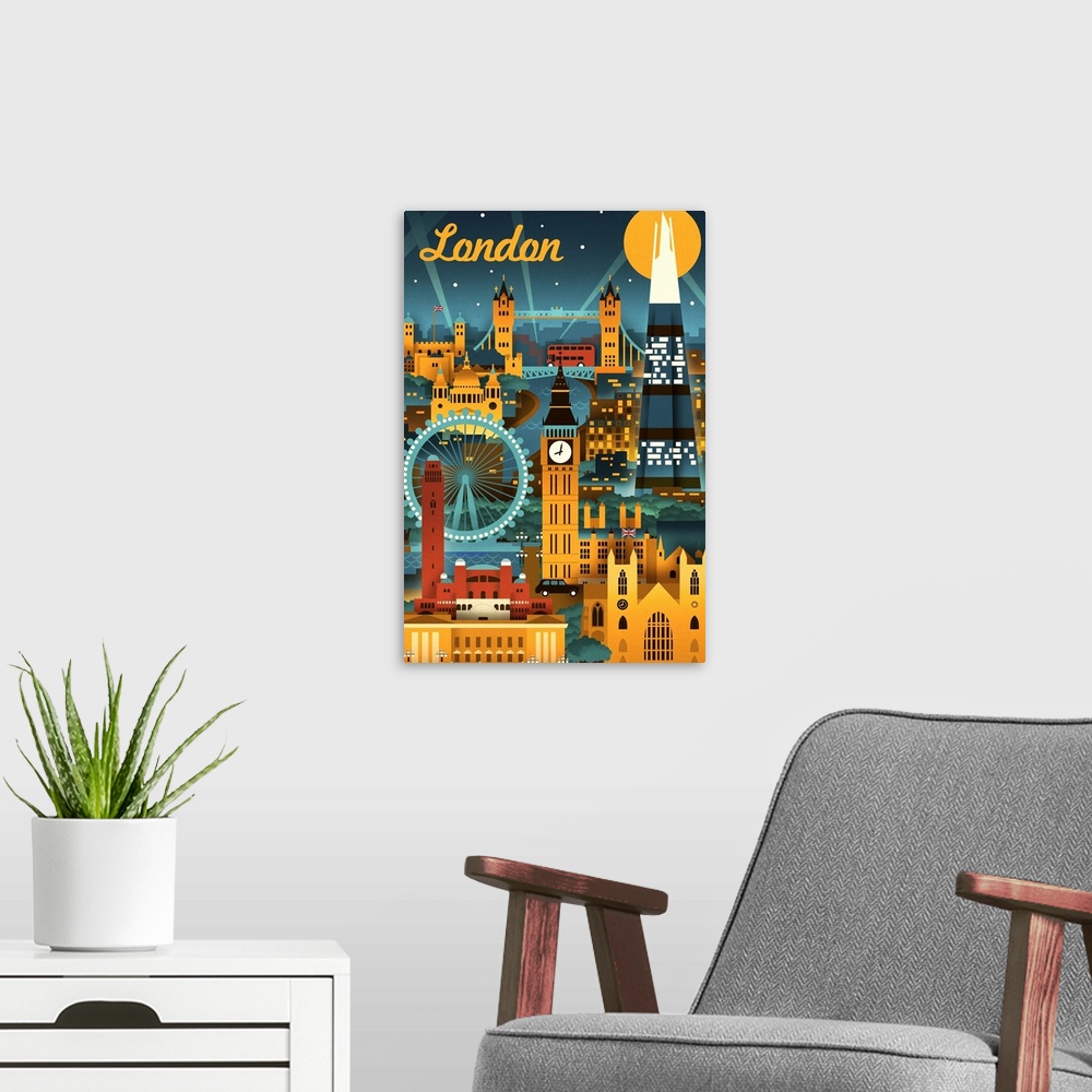 A modern room featuring London, England, Retro Skyline