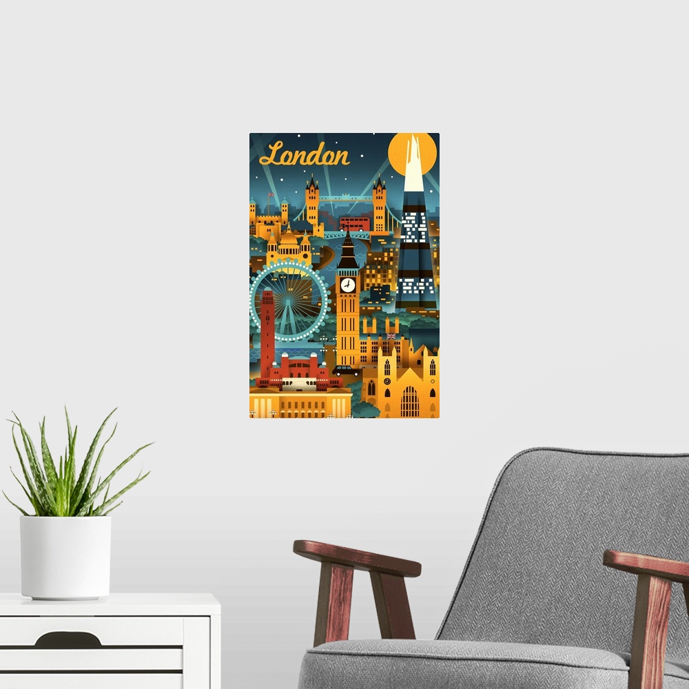 A modern room featuring London, England, Retro Skyline