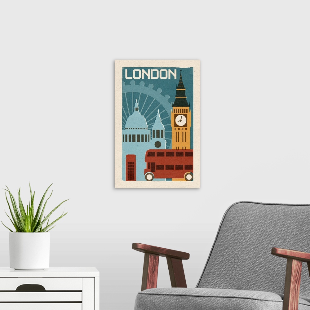 A modern room featuring London, Woodblock