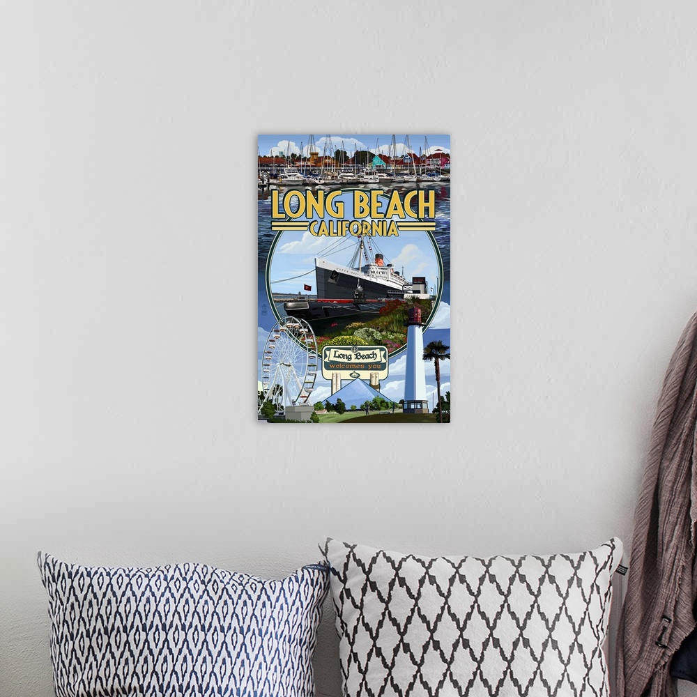 A bohemian room featuring Long Beach, California - Montage 2: Retro Travel Poster