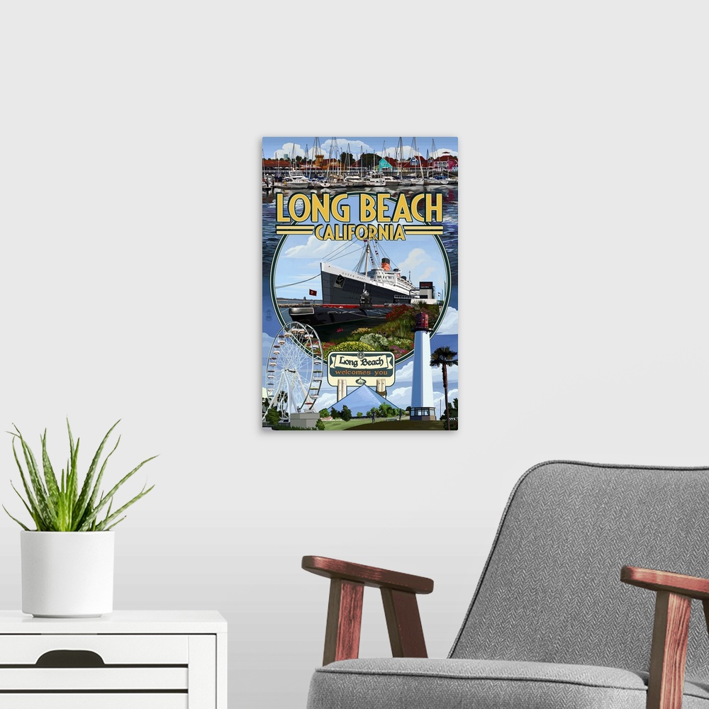A modern room featuring Long Beach, California - Montage 2: Retro Travel Poster