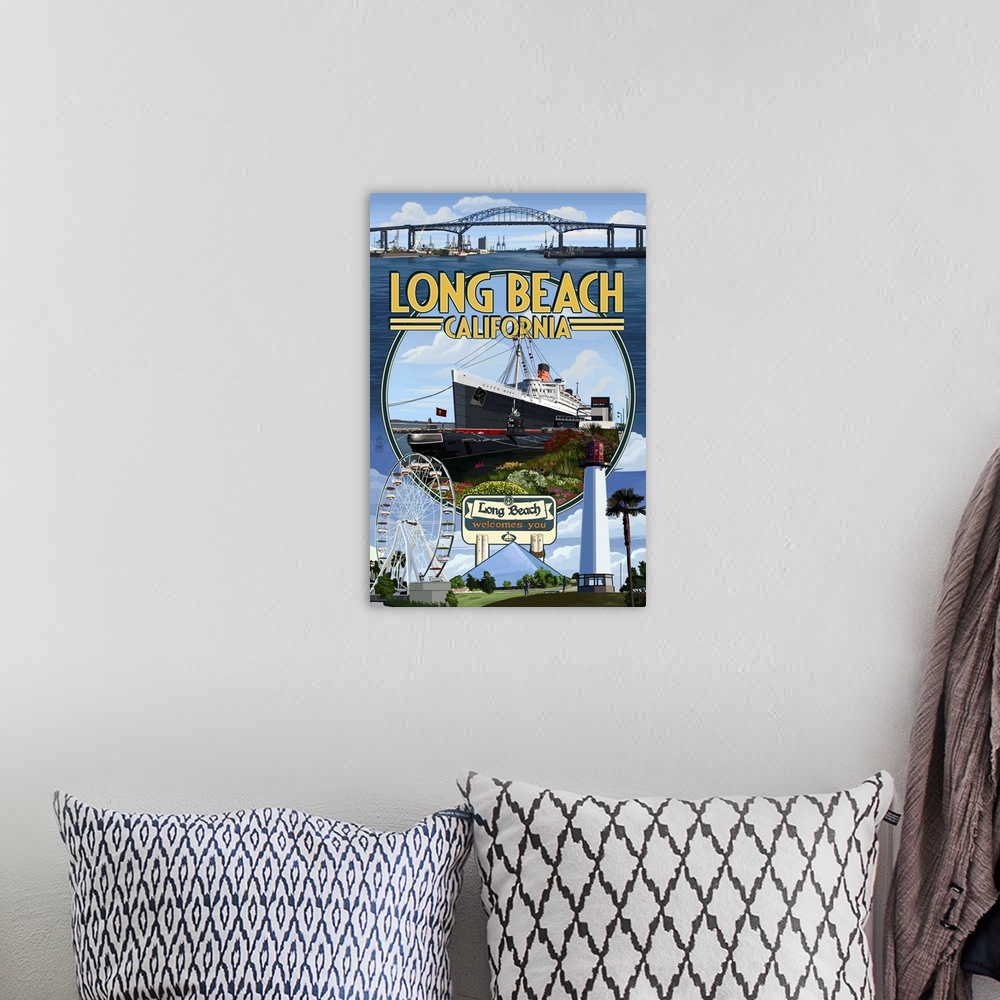 A bohemian room featuring Long Beach, California - Montage 3: Retro Travel Poster