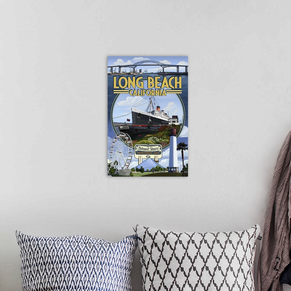 A bohemian room featuring Long Beach, California - Montage: Retro Travel Poster