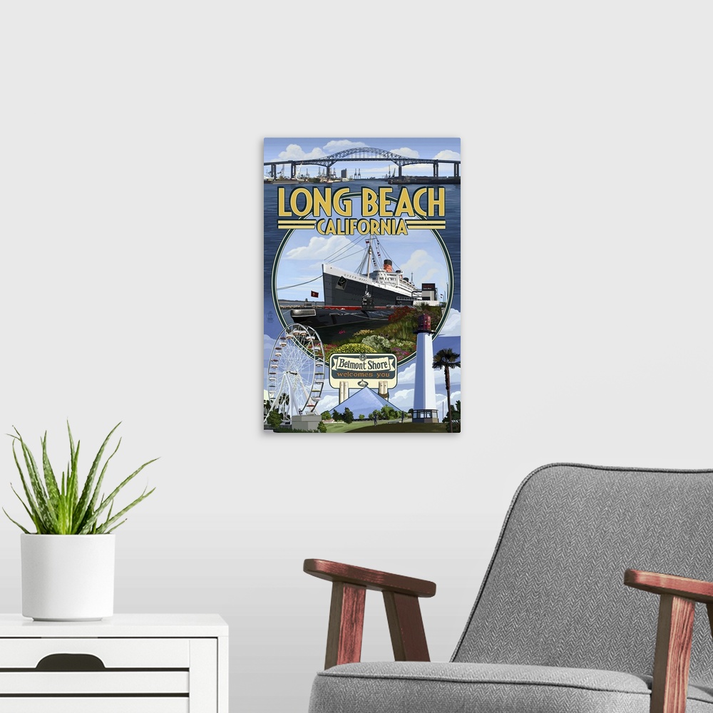 A modern room featuring Long Beach, California - Montage: Retro Travel Poster