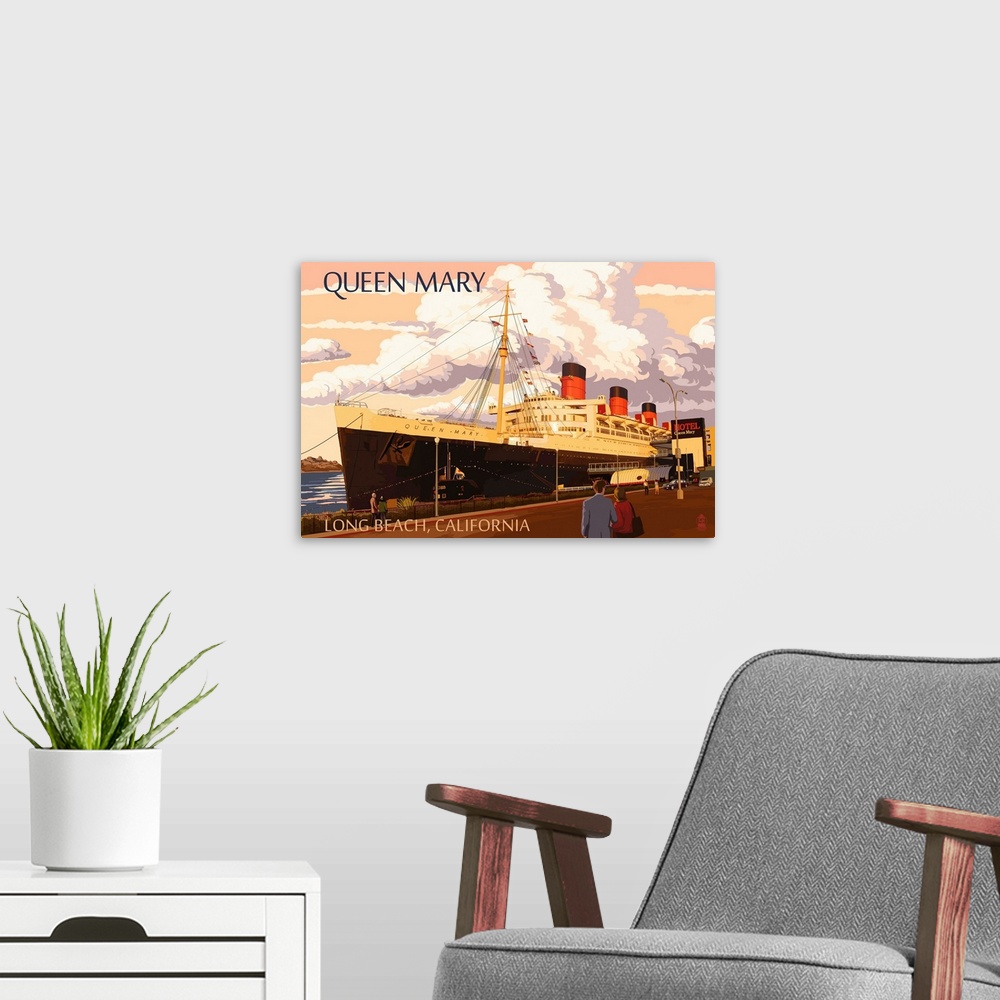 A modern room featuring Long Beach, California - Queen Mary: Retro Travel Poster