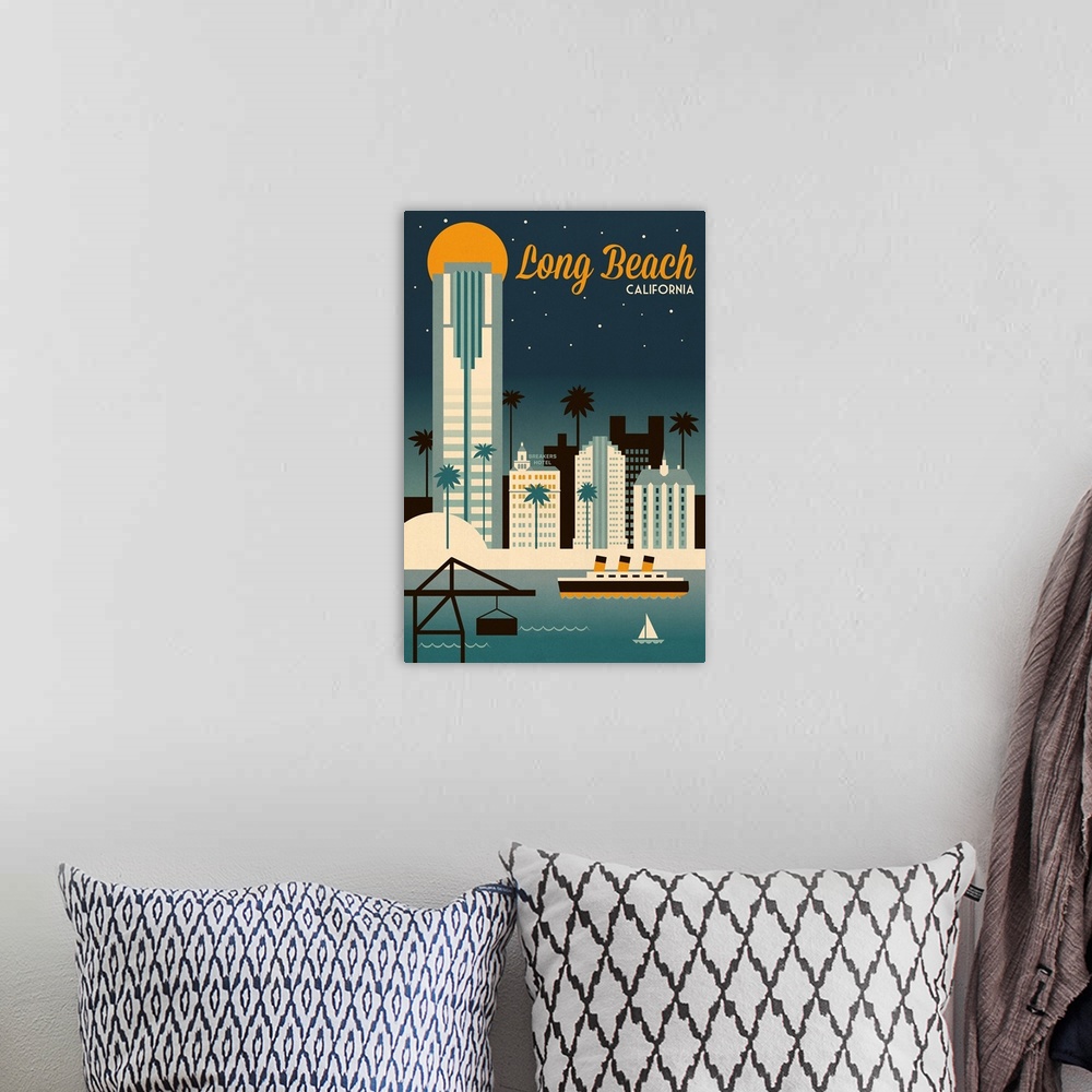A bohemian room featuring Long Beach, California - Retro Skyline Classic Series