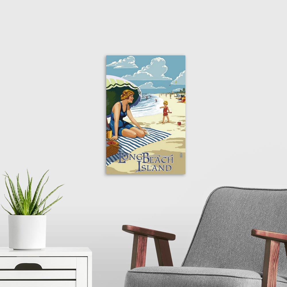 A modern room featuring Long Beach Island, New Jersey Beach Scene: Retro Travel Poster