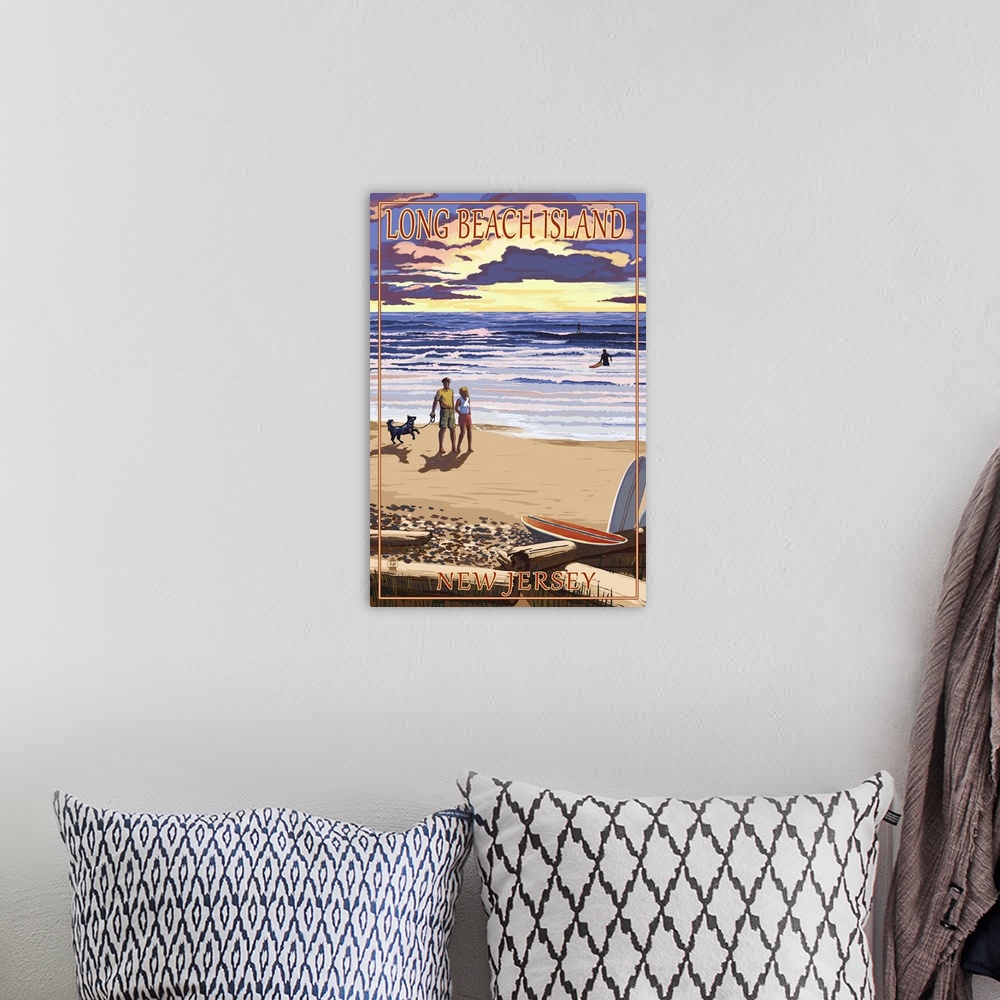 A bohemian room featuring Long Beach Island, New Jersey - Beach Walk and Surfers: Retro Travel Poster