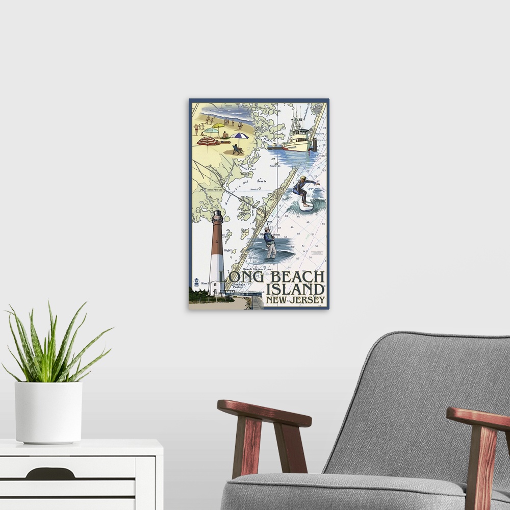 A modern room featuring Long Beach Island, New Jersey - Nautical Chart: Retro Travel Poster