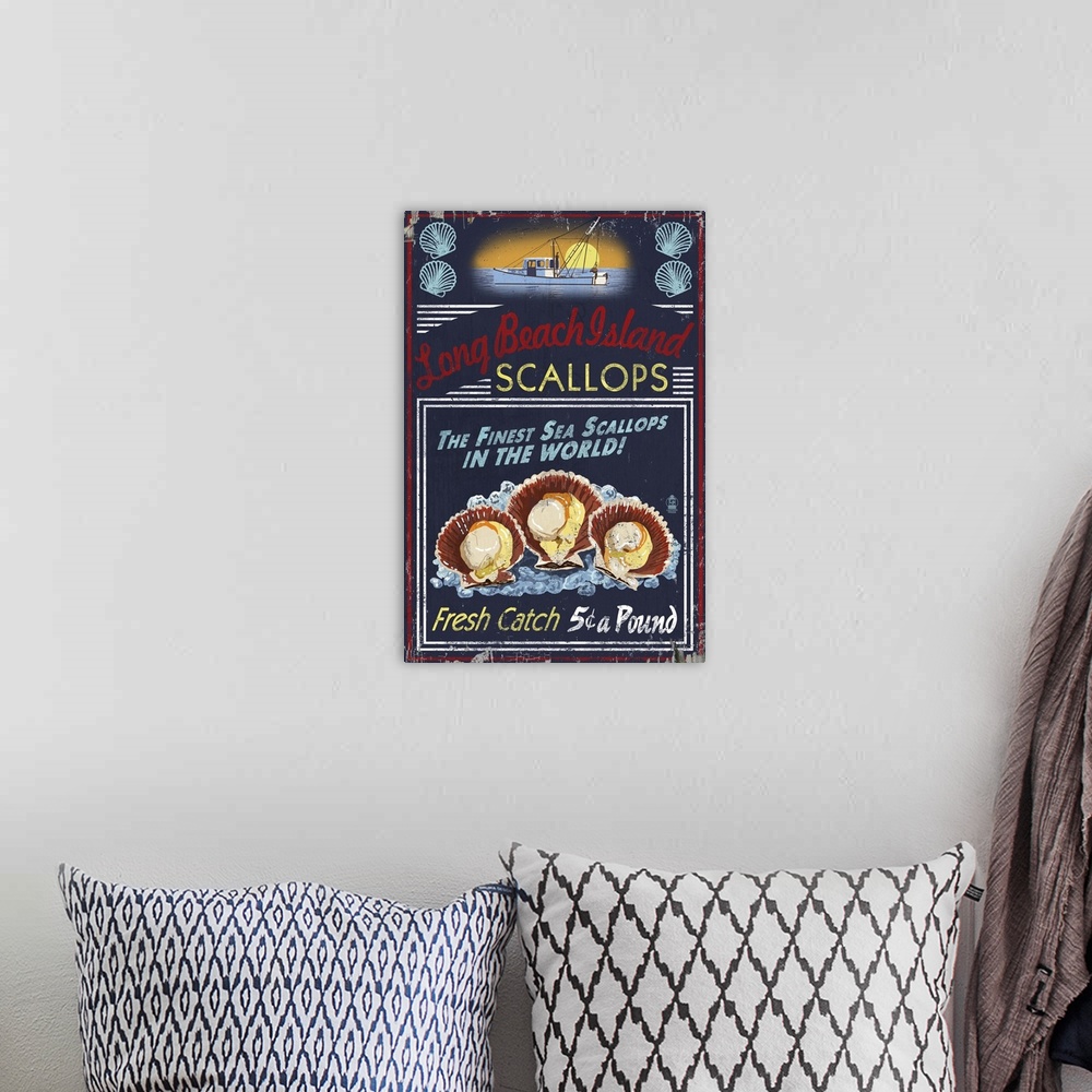 A bohemian room featuring Long Beach Island, New Jersey - Scallops Vintage Sign: Retro Travel Poster