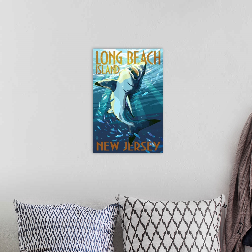A bohemian room featuring Long Beach Island, New Jersey - Stylized Shark: Retro Travel Poster