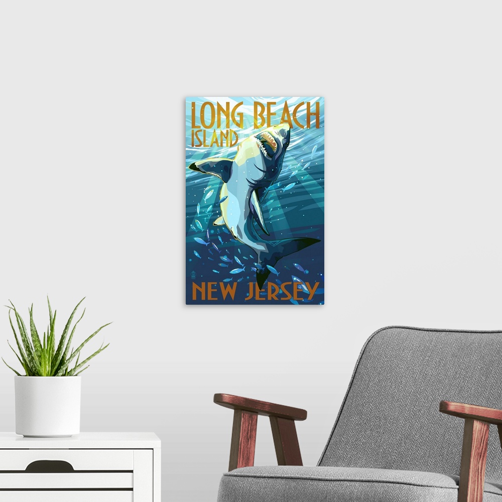 A modern room featuring Long Beach Island, New Jersey - Stylized Shark: Retro Travel Poster