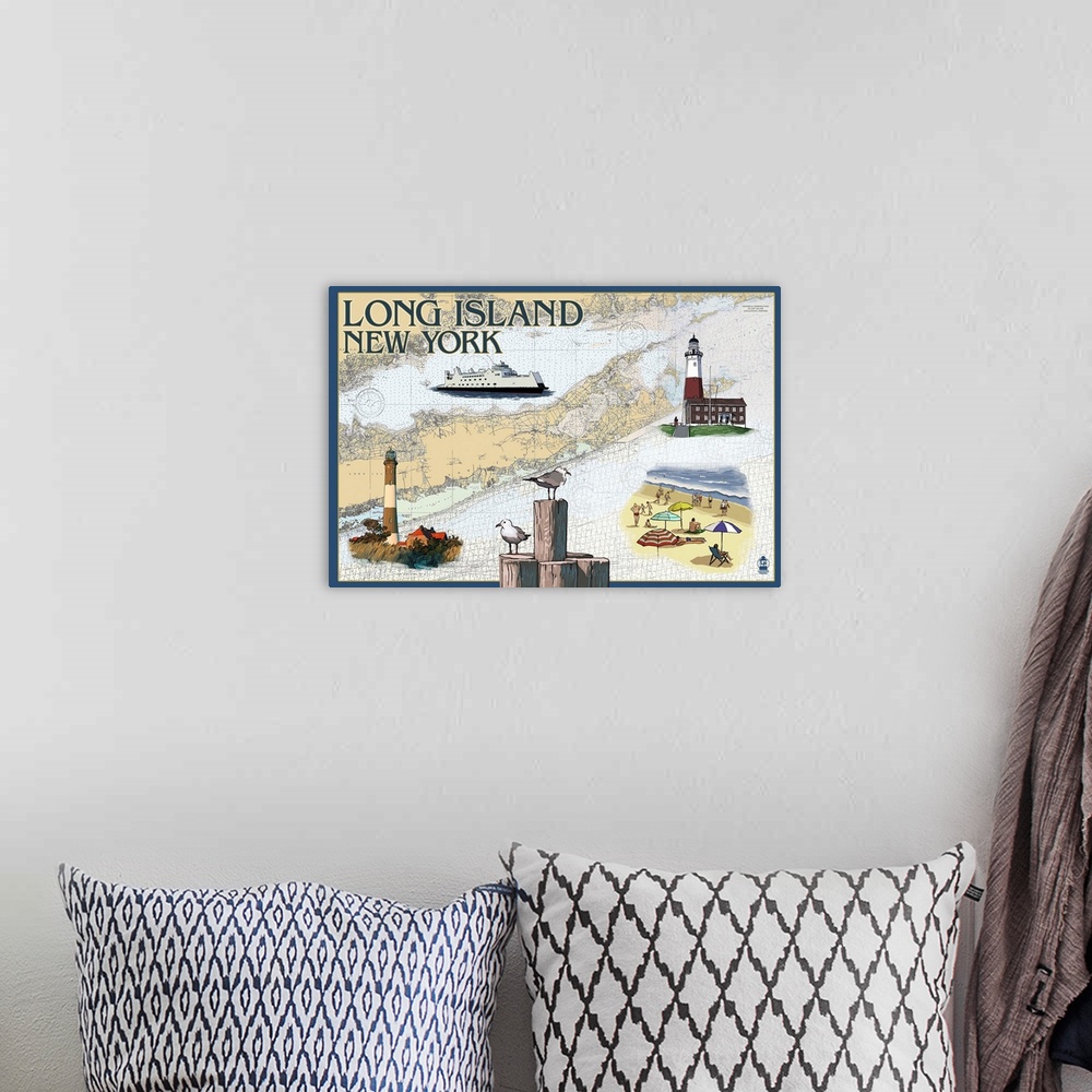 A bohemian room featuring Long Island, New York - Nautical Chart: Retro Travel Poster
