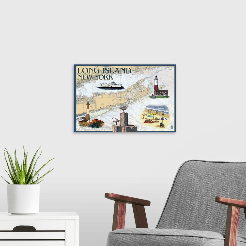 A modern room featuring Long Island, New York - Nautical Chart: Retro Travel Poster