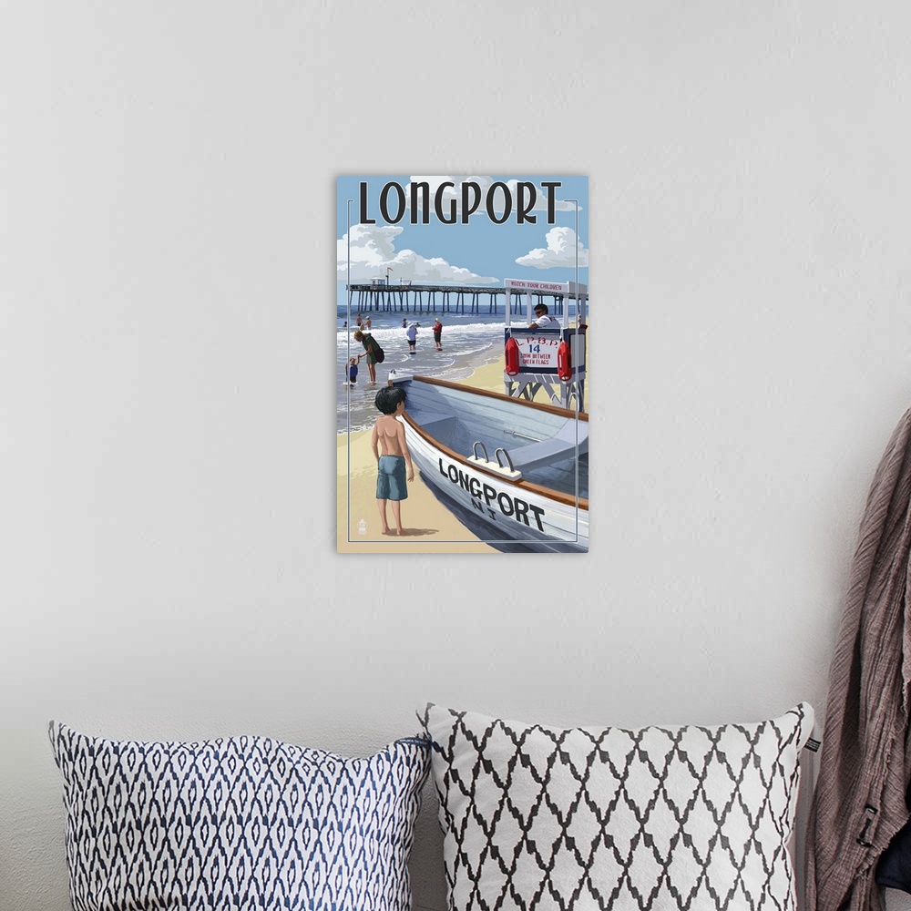 A bohemian room featuring Longport, New Jersey - Lifeguard Stand: Retro Travel Poster
