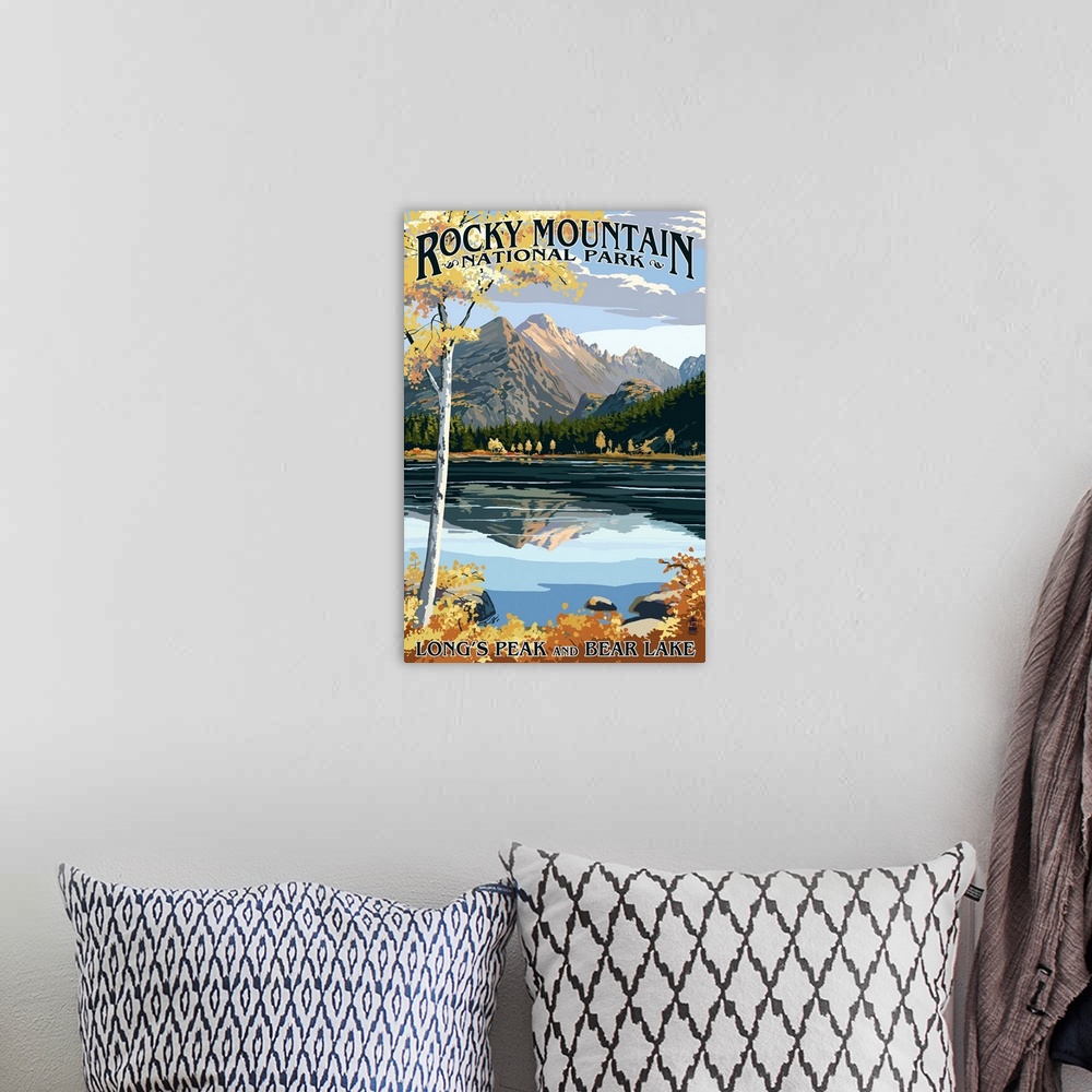 A bohemian room featuring Longs Peak and Bear Lake Fall - Rocky Mountain National Park: Retro Travel Poster