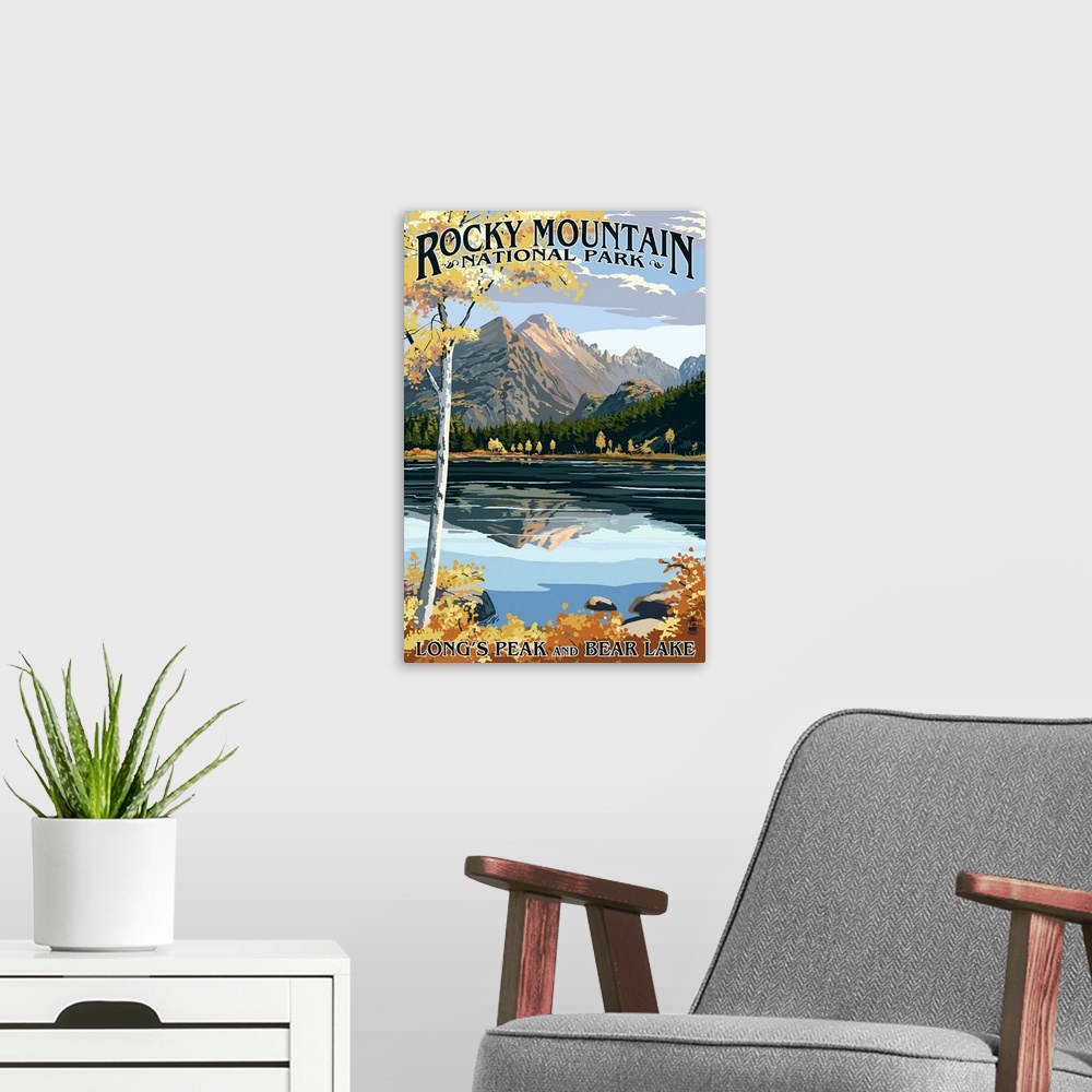 A modern room featuring Longs Peak and Bear Lake Fall - Rocky Mountain National Park: Retro Travel Poster