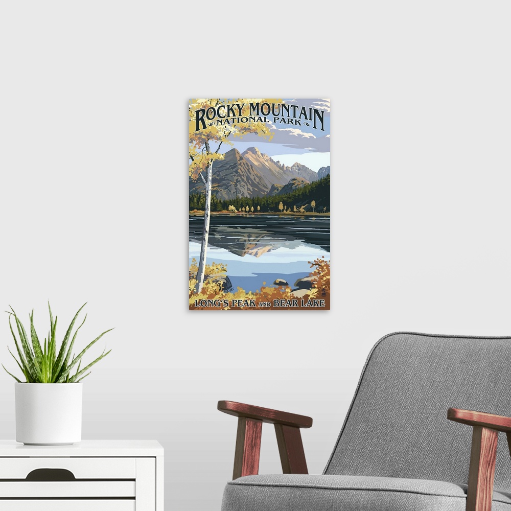 A modern room featuring Long's Peak and Bear Lake, Rocky Mountain National Park