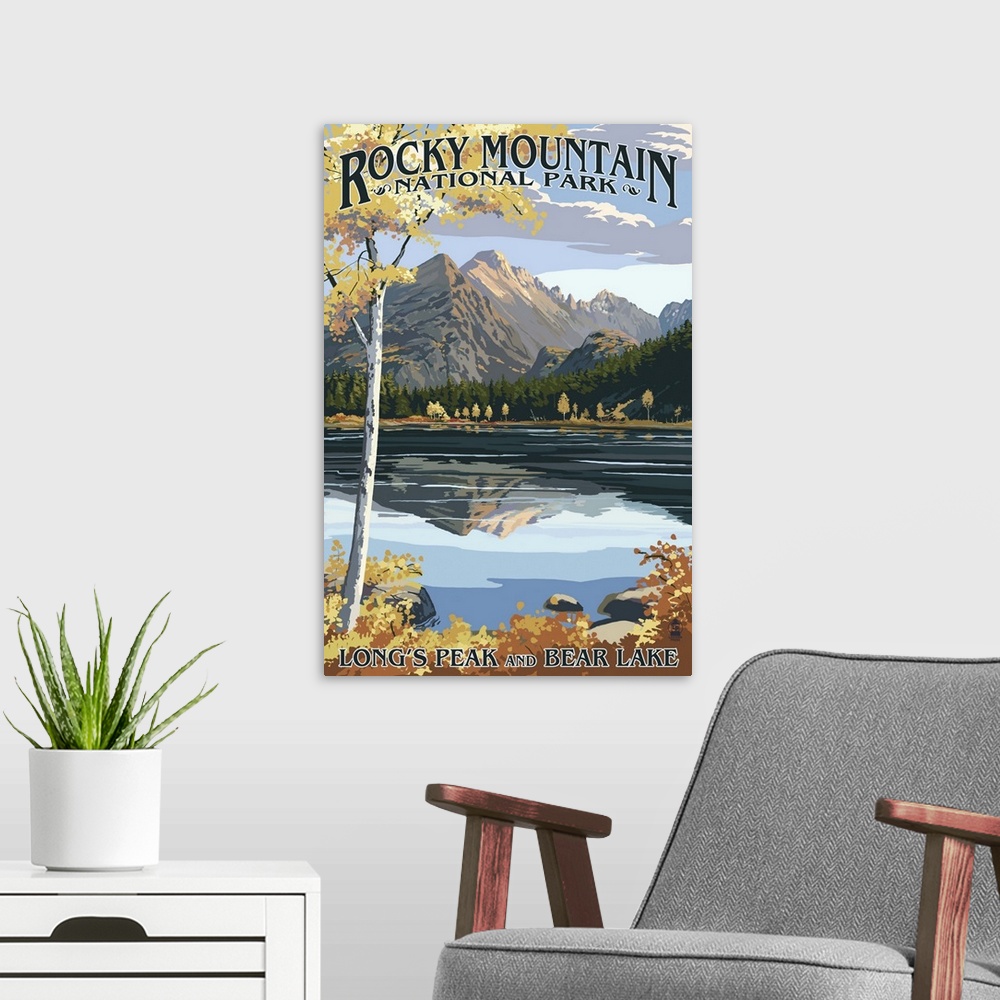 A modern room featuring Long's Peak and Bear Lake, Rocky Mountain National Park