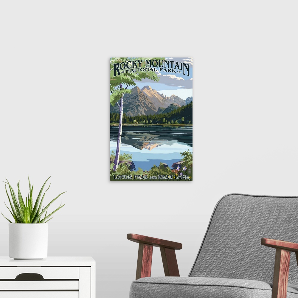 A modern room featuring Longs Peak and Bear Lake Summer- Rocky Mountain National Park: Retro Travel Poster