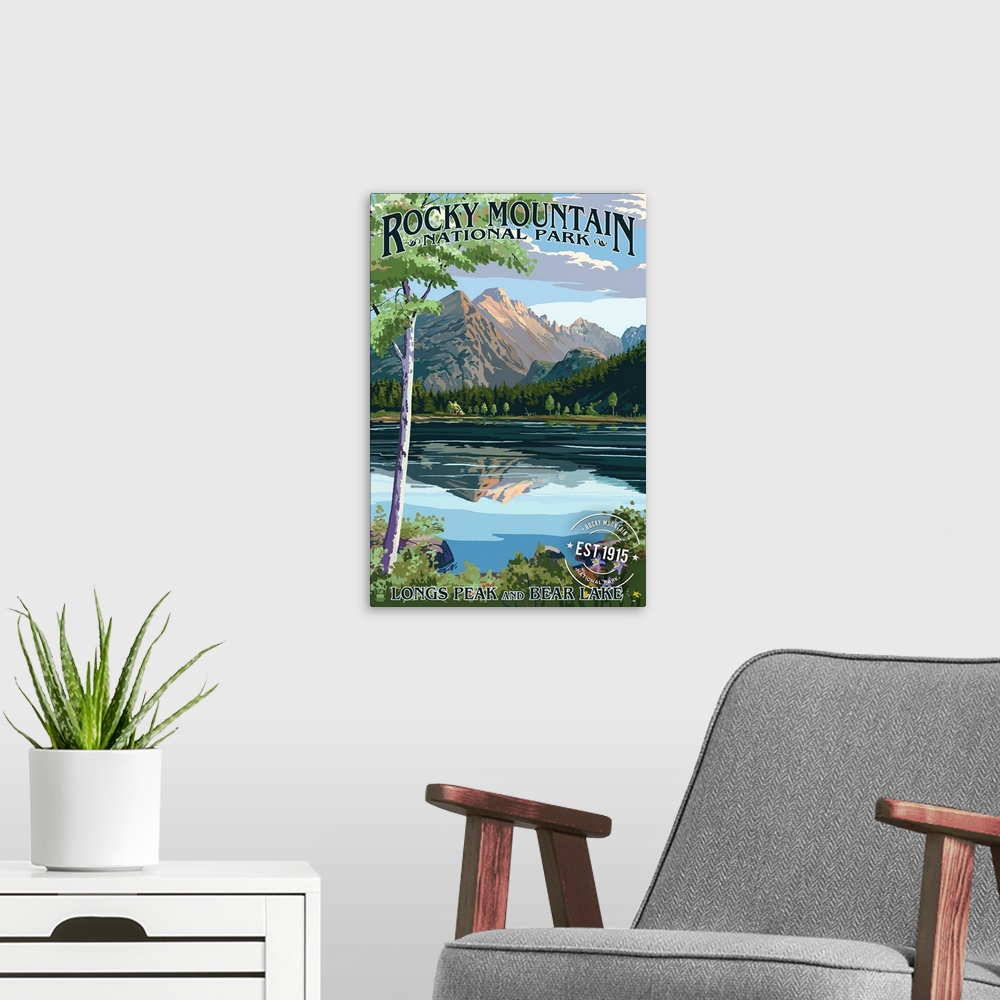 A modern room featuring Longs Peak and Bear Lake Summer- Rocky Mountain National Park, Rubber Stamp