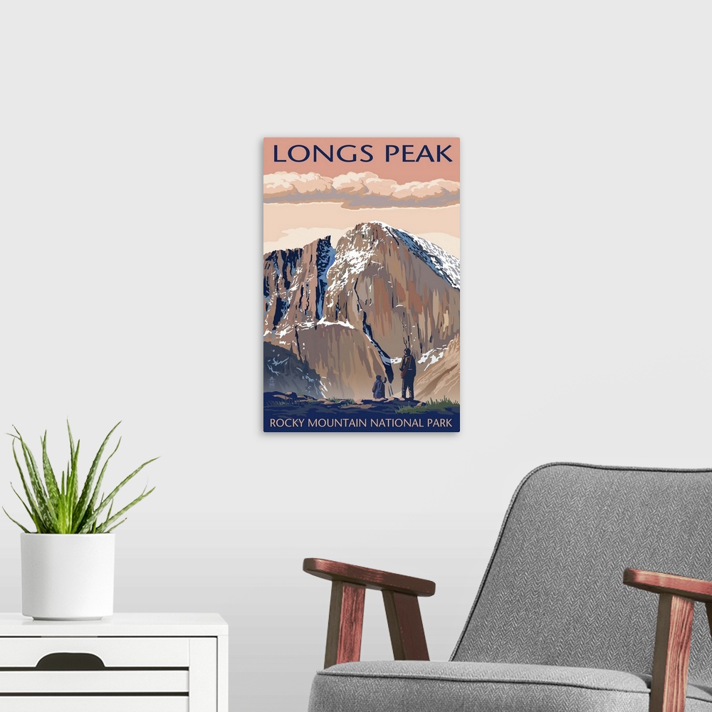 A modern room featuring Retro stylized art poster of two hikers gazing out over a mountainous valley.