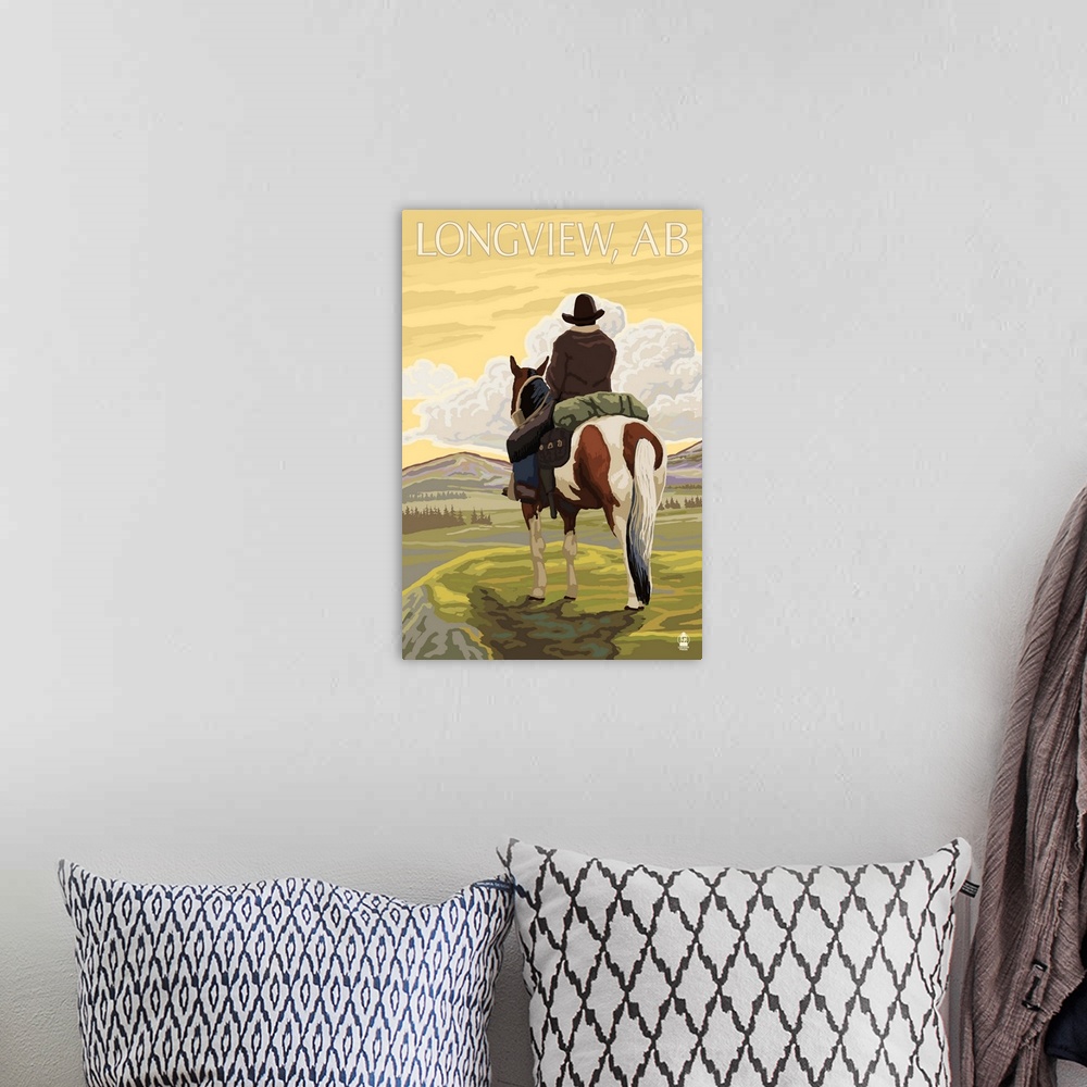 A bohemian room featuring Longview, AB, Canada - Cowboy: Retro Travel Poster