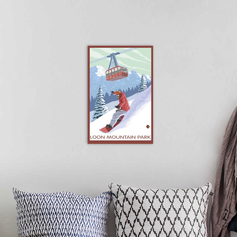 A bohemian room featuring Loon Mountain Park - Snowboarder and Tram: Retro Travel Poster