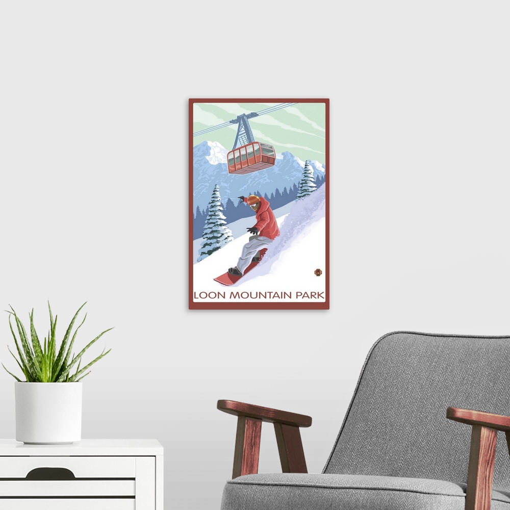 A modern room featuring Loon Mountain Park - Snowboarder and Tram: Retro Travel Poster