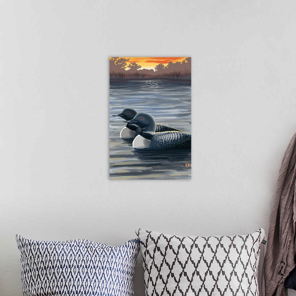 A bohemian room featuring Retro stylized art poster of two loons on a lake, at sunset in the countryside.