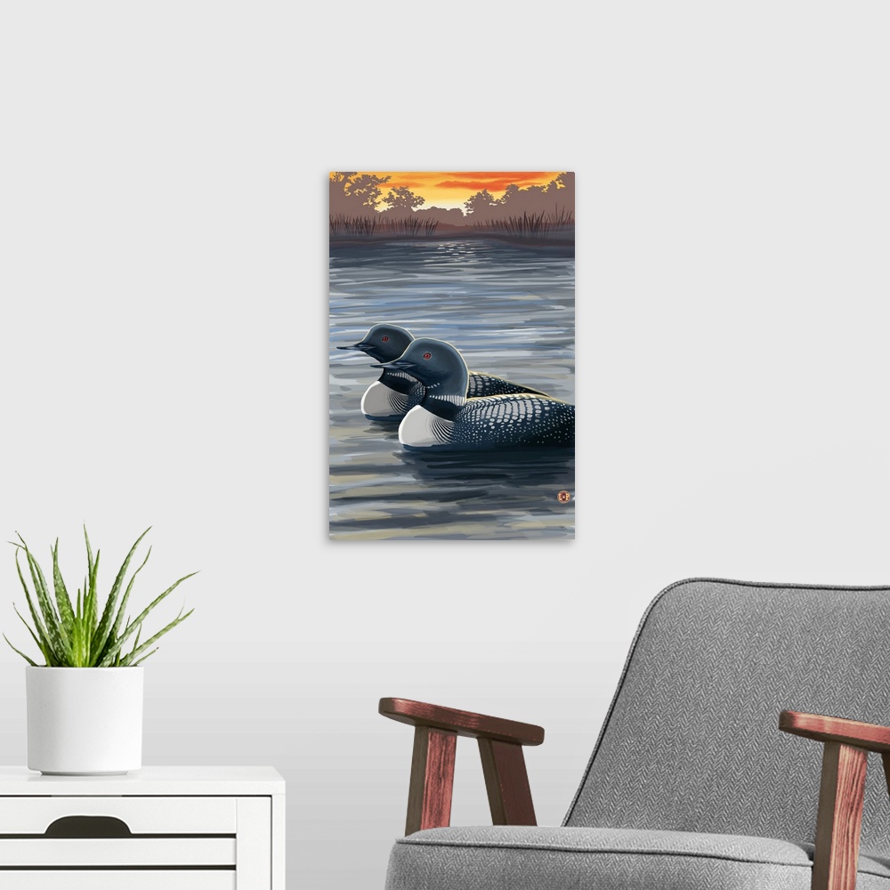 A modern room featuring Retro stylized art poster of two loons on a lake, at sunset in the countryside.