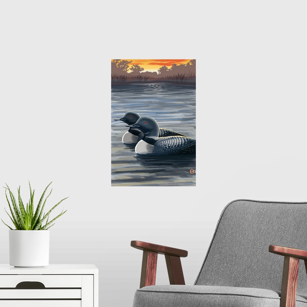 A modern room featuring Retro stylized art poster of two loons on a lake, at sunset in the countryside.